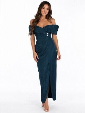 Jessica McClintock (1990s) Gunne Sax Teal Off-the-Shoulder Midi Evening Dress